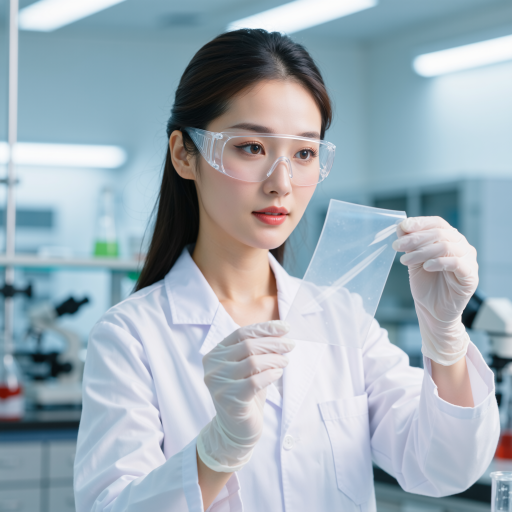 三十五岁左右女性头像，戴眼镜，实验室背景，科研工作者形象